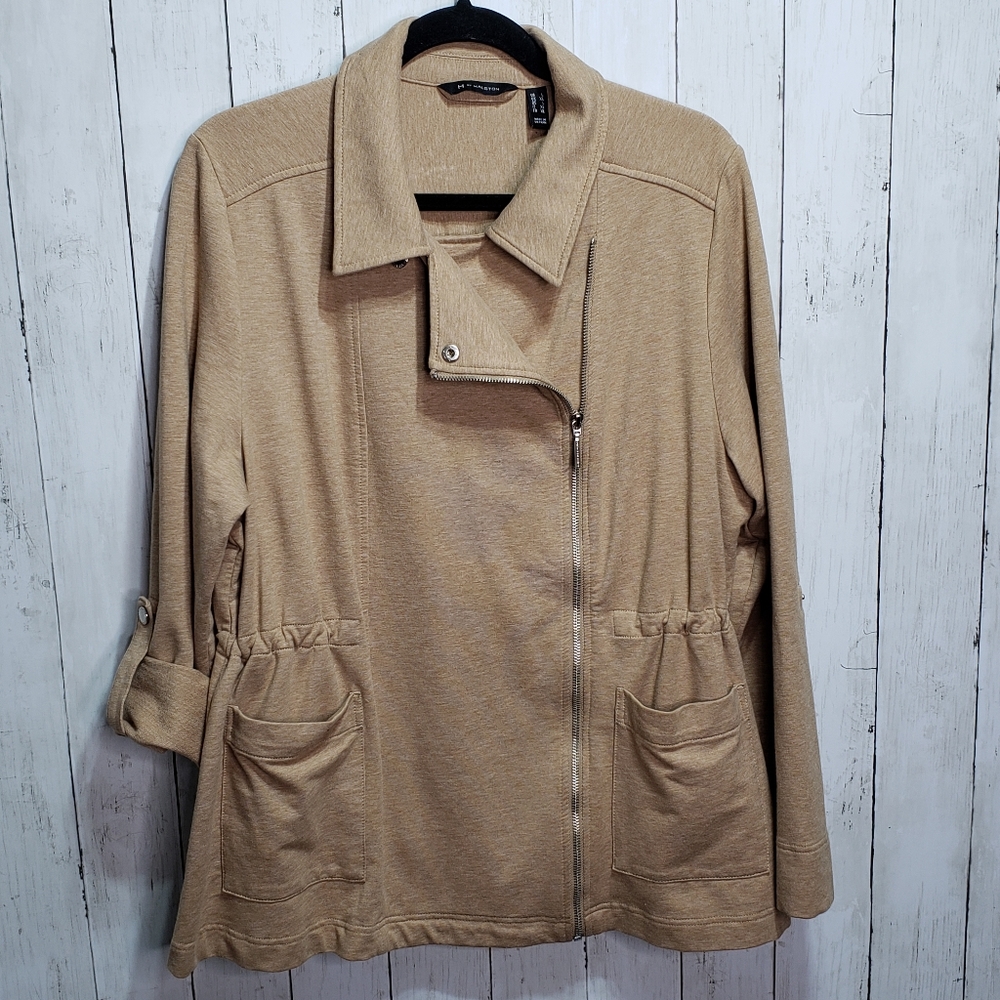 H By Halston Tan Asymmetrical Zip Knit Jacket.